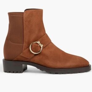 Stuart Weitzman Luxering 5050 Brown Suede Ankle Booties Gold Buckle Stretch